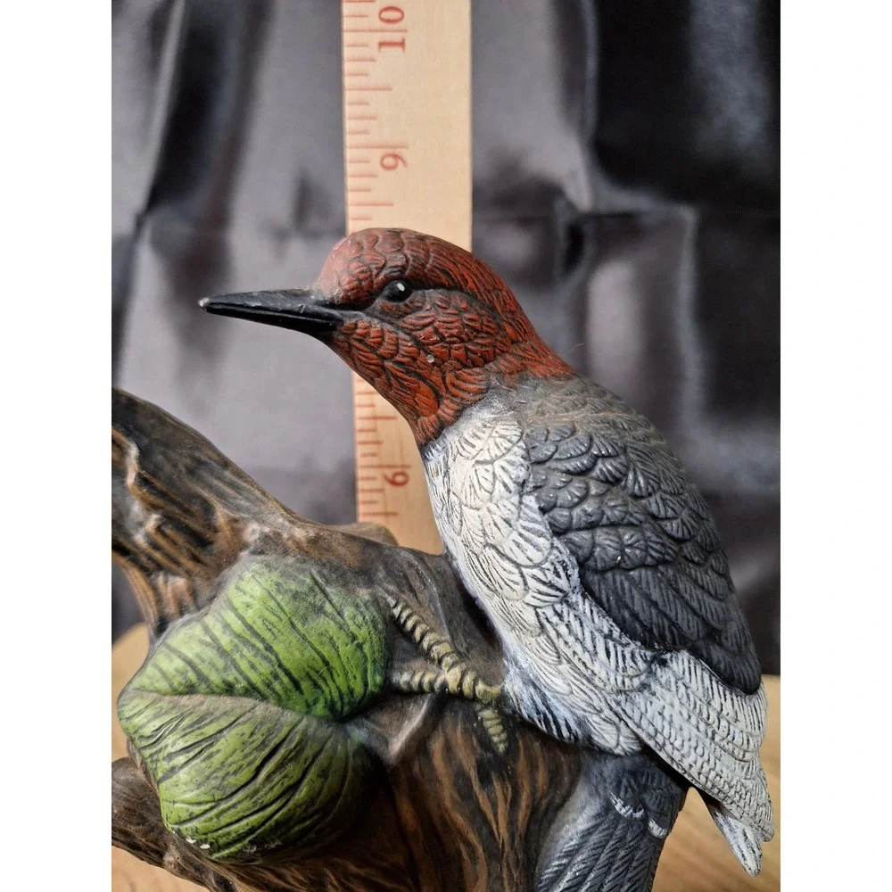 Vintage Red Headed Woodpecker Ceramic Figurine Bird on Tree Stump Statue 8.5